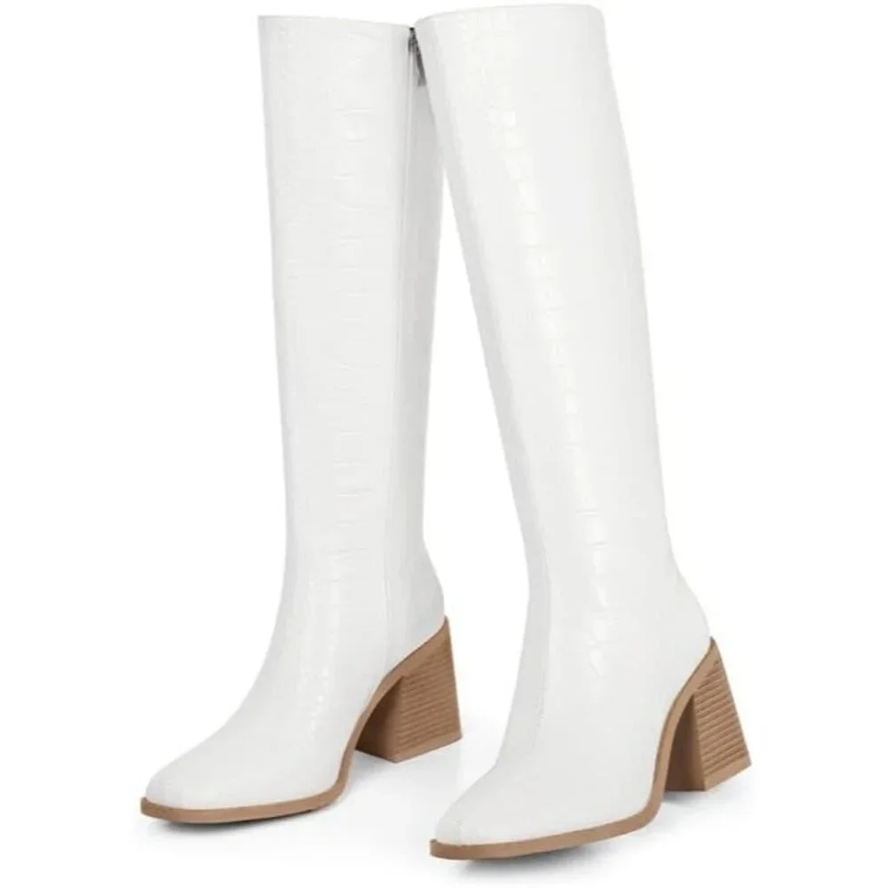 Women Crocodile White Polyurethane Knee High Square Toe Block Heel Tall Boots